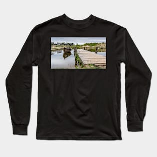 Peaceful landscape with lake and wooden boat Long Sleeve T-Shirt